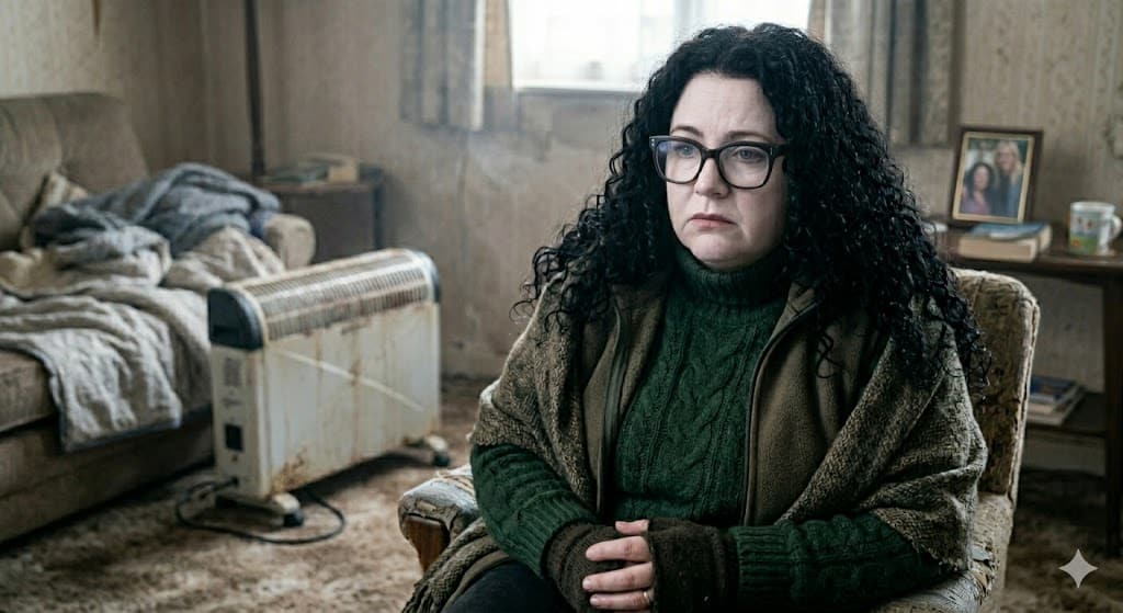 Donna, at home with a wooly sweater on