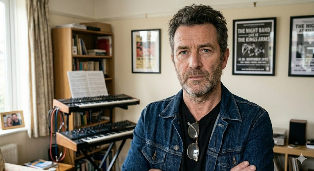 Rick wearing his traditional denim and a Tee look