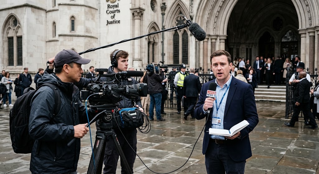 Reporter filing a story on outside broadcast.